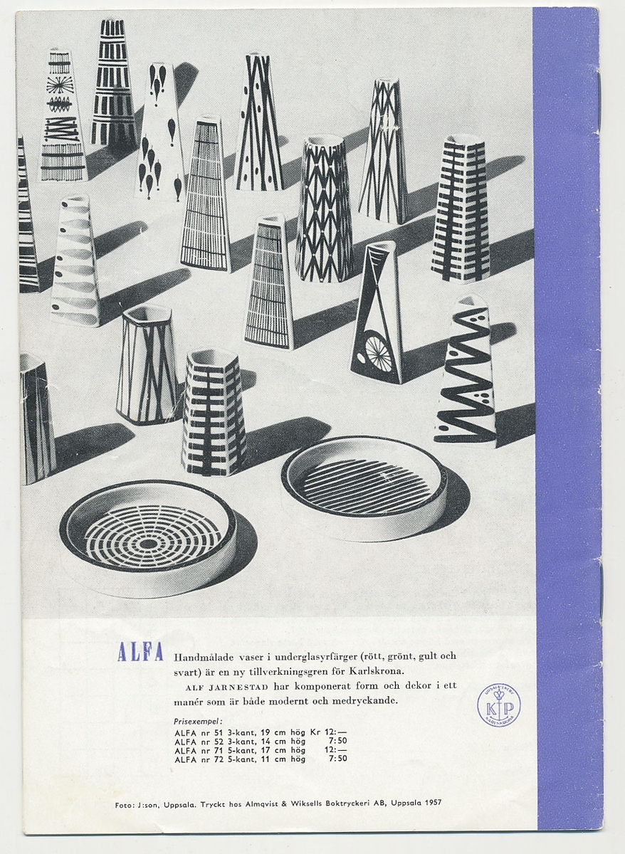 Produktkatalog, över 1957 års produktion av keramik vid Upsala-Ekeby/Gefle Porslinsfabrik.