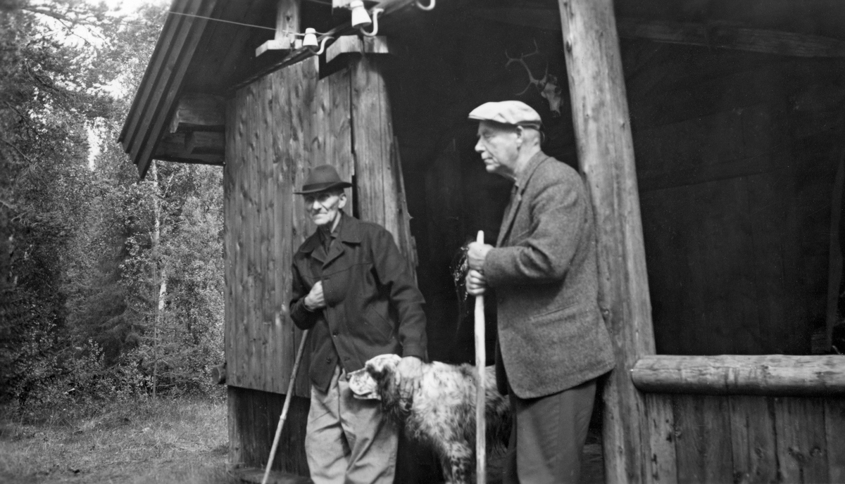 Skogdirektør Karenus O. Sørhuus og skoginspektør Hans Norderhus.  De to herrene er fotografert sammen med ei fuglebikkje ved gavlverandaen på skogstua Luspen i Hattfjelldal.  