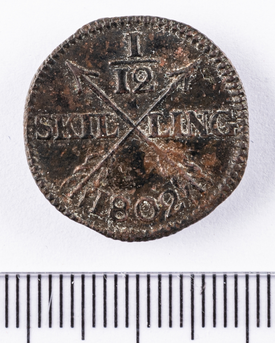 Mynt, Sverige, 1/12 skilling, 1802. 1/12 skilling, 1808.