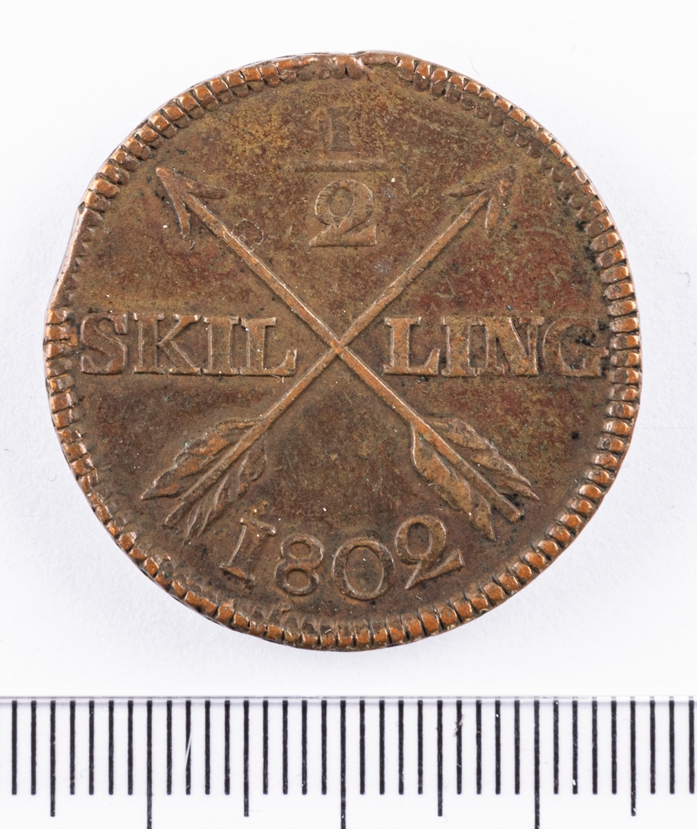 Mynt, Sverige, 1/2 skilling, 1802.