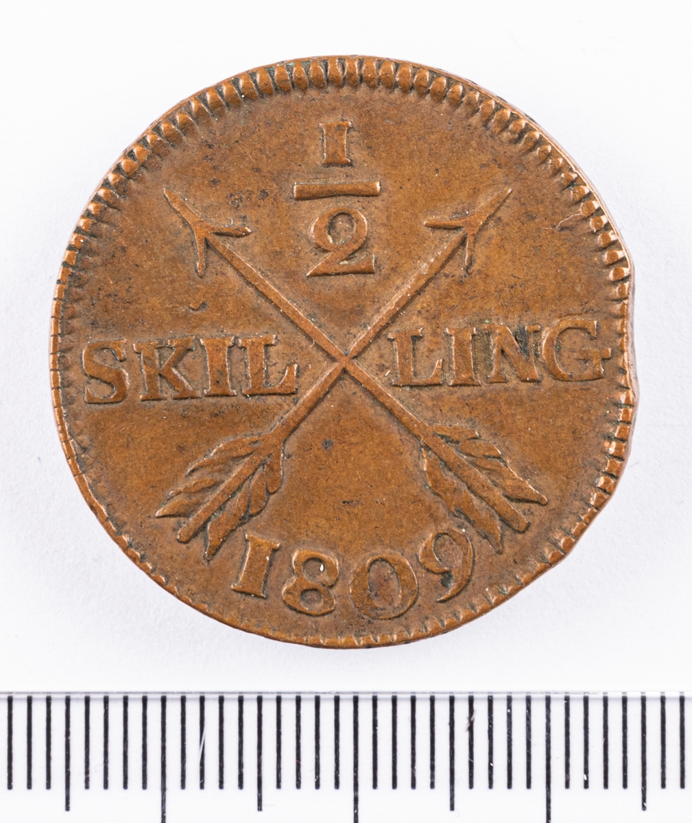 Mynt, Sverige, 1/2 skilling, 1809.