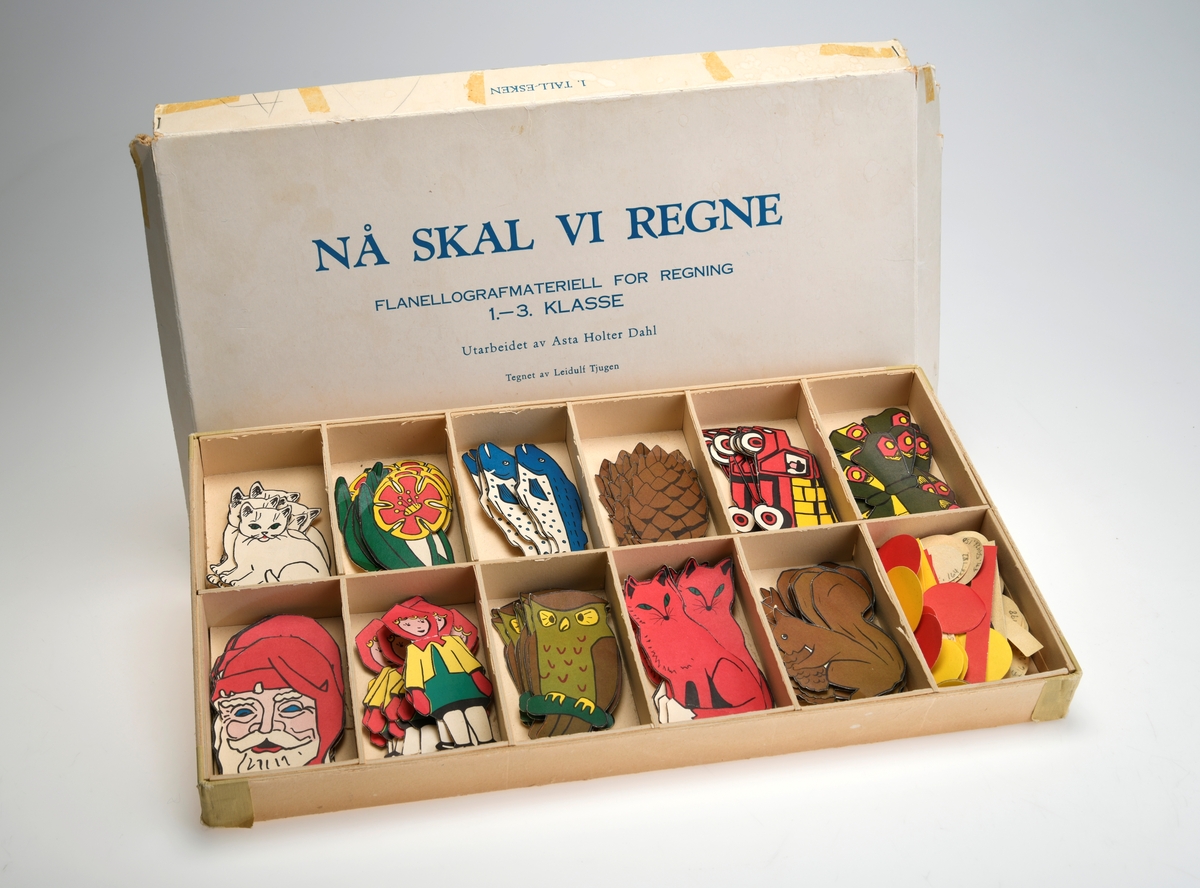 En eske med flanellografmateriell for regning beregnet på elever i 1. - 3.klassetrinn. Esken er firkantet og har avtagbart lokk. Lokket er stiftet sammen. Esken er delt inn i 12 rom, og i hvert rom ligger det ulike figurer. Figurene skal forestille katt, blomst, fisk, kongle, lastebil, sommerfugl, julenisse, jente, ugle, rev og ekorn. I det siste rommet er det utklippede rundinger og streker i ulike størrelser. Alle figurene har en type filt på baksiden slik at de kan festes på en flanellograf.