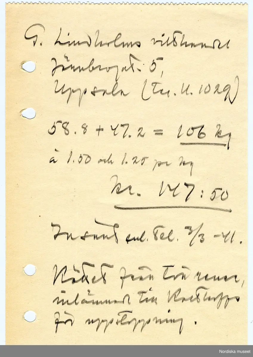 Ernst Mankers underlag för beställning av renar till rajderna 1941. I korrespondens med fotografen Nils Thomasson, Åre ber han bland annat om hjälp att skaffa "de två största och vackraste renoxarna i Jämtlands län".