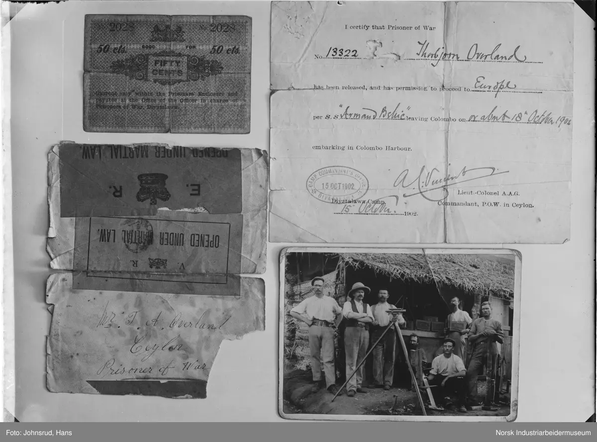 Krigsløslatelsepapir fra fangeleir på Sri Lanka til Thomas Torbjørn Overland i tilknytning til Boerkrigen.