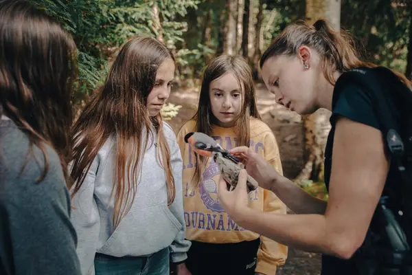 Foto av en naturveileder som forteller tre barn om en utstoppet dompap ute i naturen