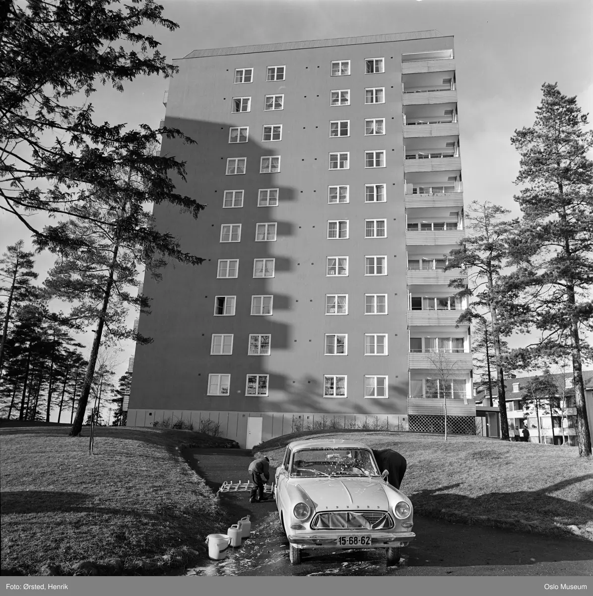 boligblokk, bil, mennesker, bilvask, furutrær