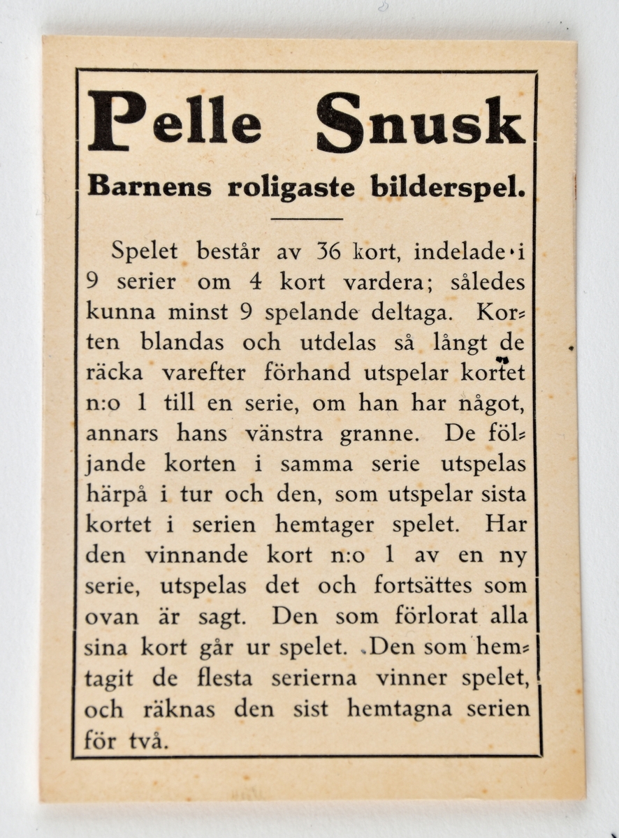 Kortspelet: "PELLE SNUSK". Spelkorten är oanvända och ligger i originalförpackning.