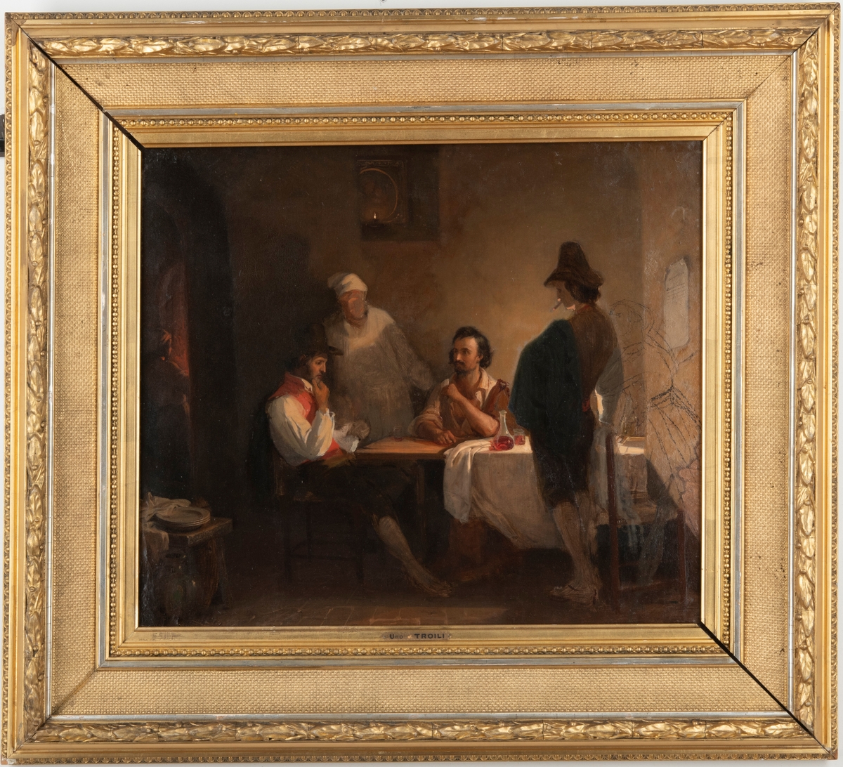 Scen från osteria/restaurang i Rom. I centrum ett bord vid vilket två män sitter och spelar kort. Den ena mannen sitter längs långsidan med framsidan av kroppen vänd mot betraktaren. Han blickar mot sin motspelare som sitter vid bordets vänstra kortända. Där är duken bortvikt och hans vinglas står direkt på bordsskivan. Runt dem står tre personer. En till höger som är till synes färdigställd, bredvid honom står en kvinna med armen under hans, hon är bara tecknad med svarta streck och verkar vara ett senare tillägg. Mellan de båda kortspelarna står ytterligare en man som är delvis färdigställd. Bakom kvinnan på väggen sitter ett anslag. I förgrunden till vänster står en pall med diverse kärl och ett tygstycke. I bakgrunden till vänster syns en person stå i ett annat rum eller möjligen utomhus, denna är upplys av varmljus som från en öppen brasa. Ovanför männen i kompositionens centrum finns en nisch med en liten oljelampa som lyser upp en bild, möjligen föreställande Madonnan med Jesusbarnet.