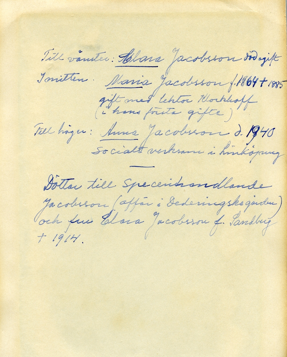 Systrarna Clara, Maria och Anna Jacobsson. Döttrar till handlare Carl Jacob Jacobsson och makan Clara Maria Sandberg. Fototillfället är odaterat men ägde utifrån systrarnas åldrar rum omkring år 1880. Familjen bodde då i vad samtiden kallade Wallenbergska gården invid Nygatan.