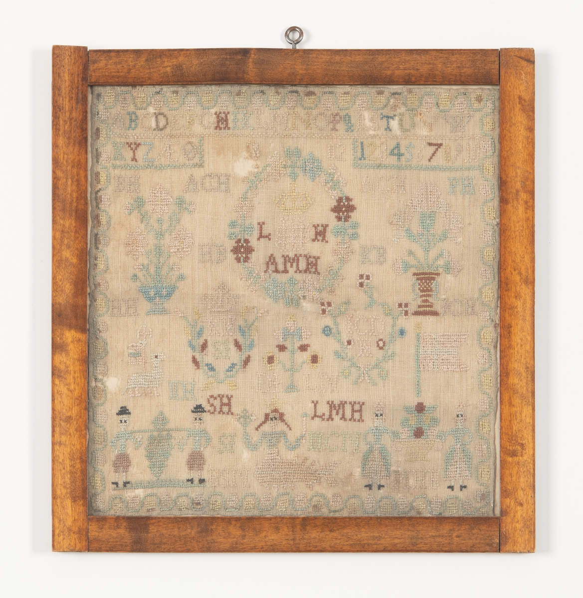 Navneduk, fig., blomstervaser, m.v. , innrammet 32,3 h.  33, 8 br. 
1802


Denne Navneduk er syd av Johanne Christine Dass Holtermann, f. i Bergen 6/9 1792, d. 14/4 1807, 
hvis Navnetræk står omgit av en Blomsterkrans tilhøire paa Duken med et Flag ved siden, 
Hændes forældres Initialer staar øverst omgit av en større blomsterkrans: L.H = Lorentz Holtermann og A.M.K.= Anne Margrete H. (f. Blydt)
Paa begge Sider av kransen staar saa hennes Foeældres initialer: H.B= Hans Blydt og K.B.= Karen Blydt (f. Foss). 
Midt på Duken og yterst i Kanten paa hver side staar den unge Sømmerskes Fars Foreldres initialer: H.H.= Hans Holtermann og 
J.C.H.= Johanne Christine Holtermann (f. Dass).

Navneduken dær utlaant til Jubileumsutstillingene i 1914 
Navneduken dær utlaant til utstilingen navneduker arrangert av Norsk Folkemuseum Sommeren 1921.
Navneduken foræret Oplandenes Folkemuseum 1934 av

Frederikke Waaler, f. Rynning
                                Harnes.