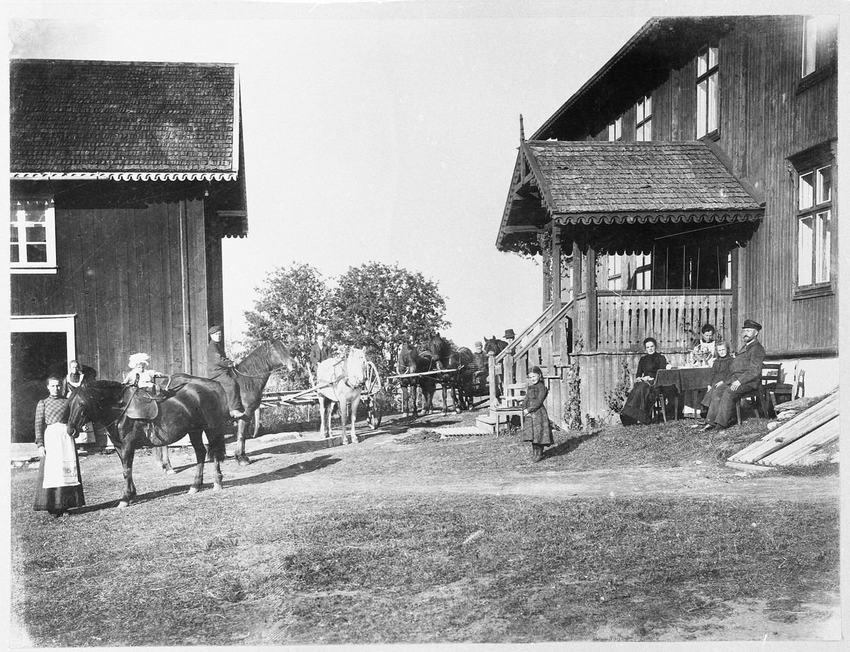 Gruppebilde fra tunet på gården Vestrum i Vestre Toten året 1902. Personene er fra venstre: Hilda Bakkeli, Guri Rognerud (to år gammel, sitter på ryggen på hoppa Lydia), videre en gårdsgutt på hest. Borka foran hesteriva med Johan Rognerud, Nils Vestrumbakken på slåmaskinen. Mannen med hatt bak rekkverket er Hans Rognerud. Tora Rognerud (g.Bjerke) foran trappa. Ved Bordet Mary Rognerud (g.Rustad), dernest Karen Karlsen (husholderske), Elvira Rognerud, og Erling H. Rognerud.