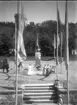 Fotografi i samband med invigningen av Brahe-bysten på Gränna torg 1916. Vid bystens fot ligger det en krans, tre kvinnor i ljus står framför densamma. En talarstol draperad i mörkt tyg till vänster om bysten. Flaggor kantar vägen från Brahegatan upp mot bysten. Ett par pojkar sitter på torgmuren.