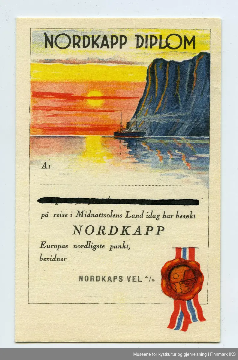 Nordkappdiplom med informasjon og hilsen på innsiden knyttet til den offisielle åpningen av Nordkappveien, 30.06.1956.