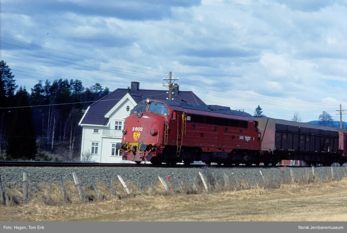 Diesellokomotiv Di 3 602 med godstog retning Hamar like syd for Koppang stasjon