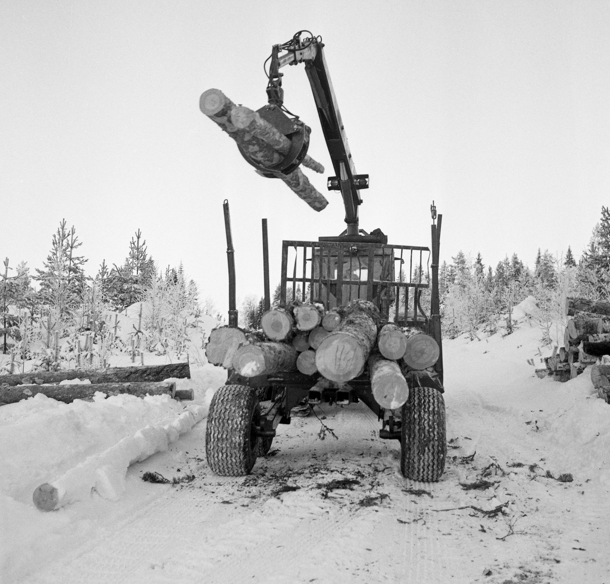 Lasting av tømmer fra en vegkant i Trysil vinteren 1972. Fotografiet viser en kraftig, beltegående traktor med firehjulet tømmertilhenger og kran på taket av førerhytta. I ytterenden av den hydrauliske kranarmen sitter det ei klo, som brukes til å gripe tømmeret fra velta, som her løftes opp og svinges over på tilhengeren.