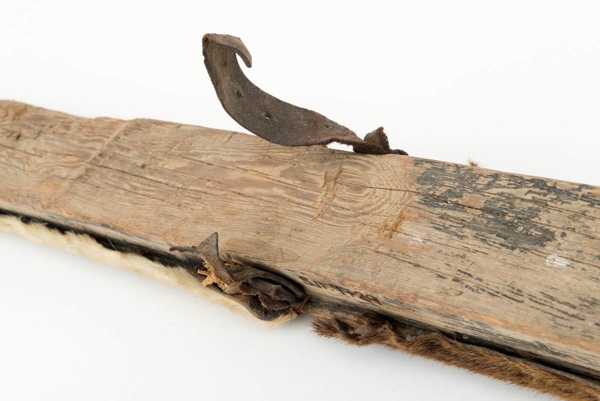 Skiet har ingen stei. Rett avskåret bak. Rygg ca. 38 cm fra tuppen. L skarerand: 201 cm. Finbøy med profilert tupp (skråskjært). Skiet har kun skinn midt under skiet. Mangler såle. Bindingen har bestått av vidje og lærbinding. Baktungt.