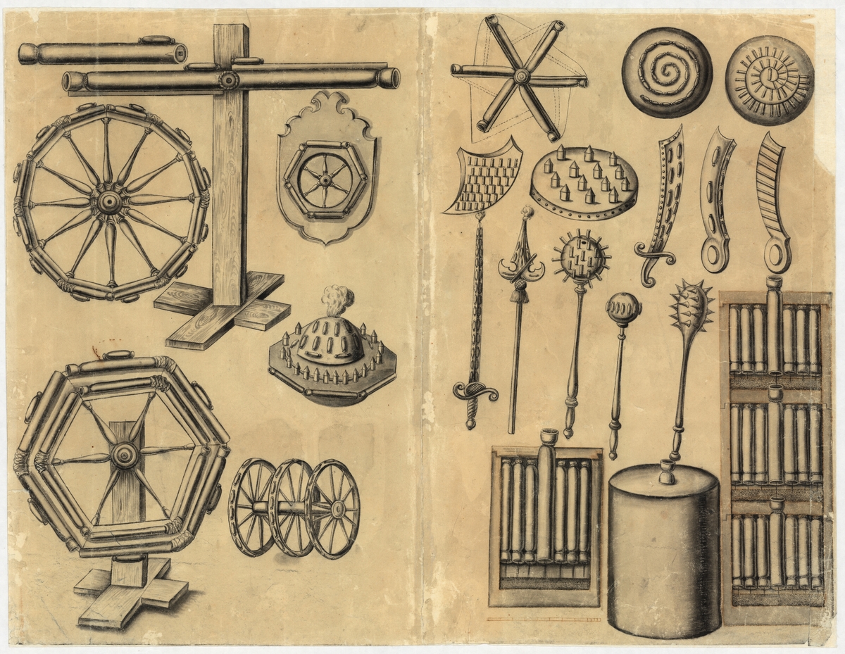 Tuschlavering av Daniel Grundell, i brunmålad träram.

Fyrverkeripjäser: ett stort antal, föreställande vapen, raketer, hjul osv.
