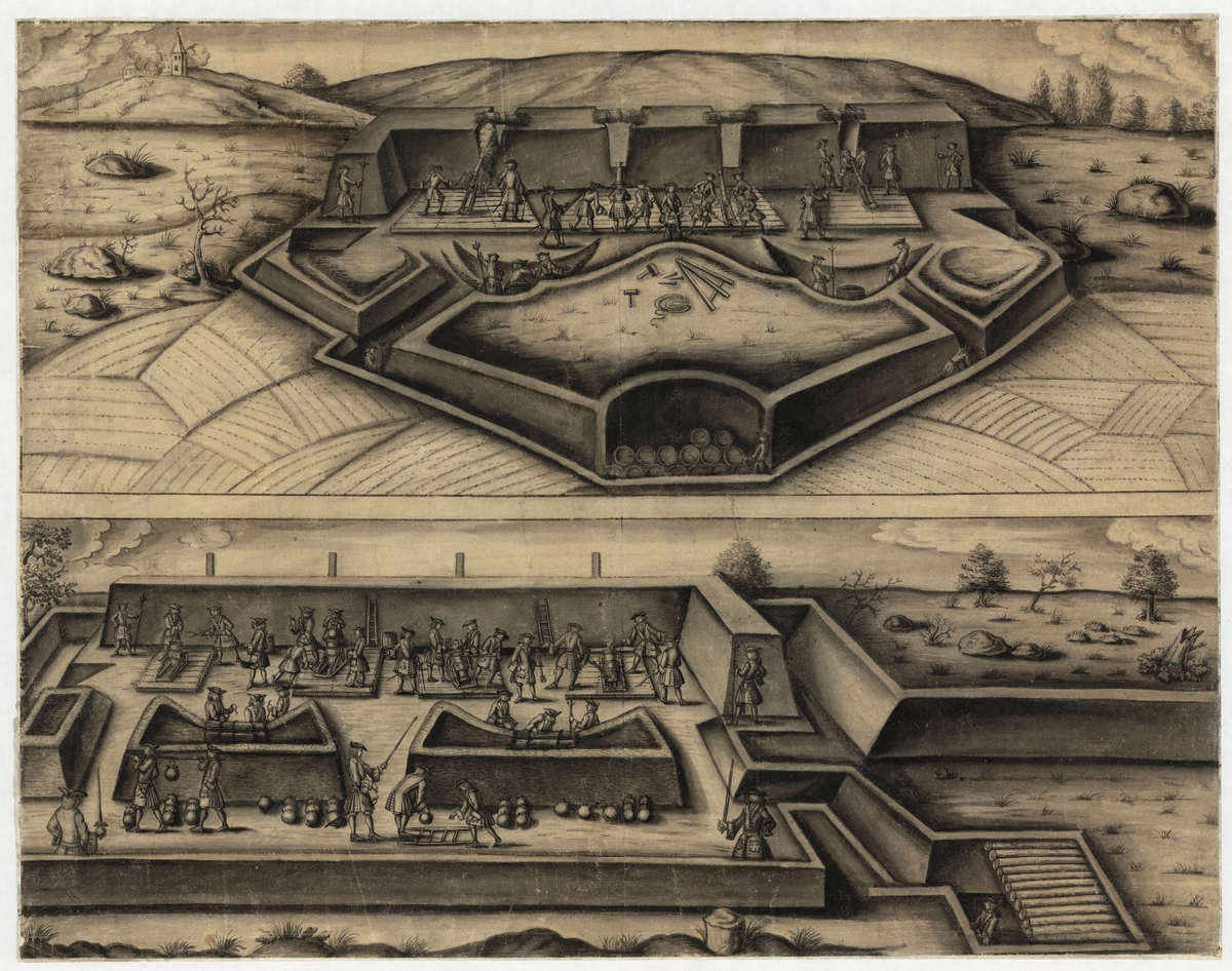 Tuschlavering av Daniel Grundell, i brunmålad träram.

Motiv: Fästningsartilleri under eldgivning. Två bildfält: På det övre bastion med fyra kanoner under eldgivning, kanonservisen synes bestå av fyra man per kanon med beväpnad underofficer som befäl. Över kanonportarna finns risknippen. Löpgravar, där transport av ammunition (solida kulor) sker.

På det undre bildfältet: skjutning med mörsare, varvid ammunitionen är bomber. Risknippen i förråd, men inga på vallen. På båda bilder finns rikt utvecklat löpgravssystem.
