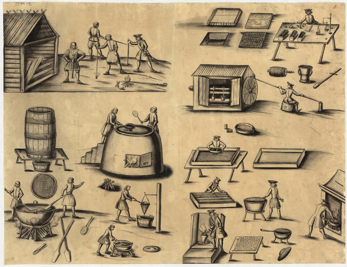 Tuschlavering av Daniel Grundell, i brunmålad träram.

Motiv: Kruttillverkning och salpetersjuderi. En serie bilder med uppvägning av krutets tre ingredienser längst upp till höger, övriga bilder föreställer koknings- och destillationsprocesser, siktning, torkning m.m.