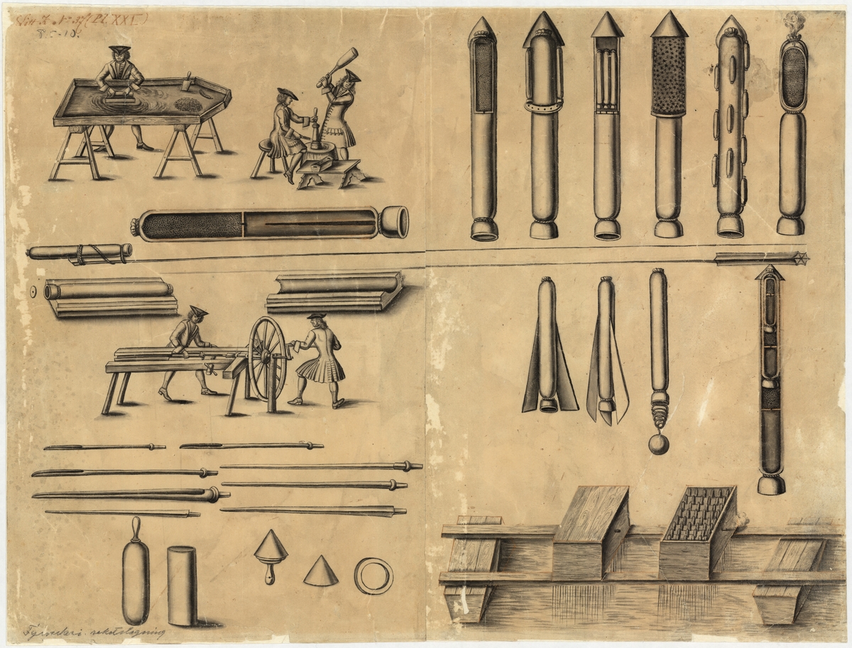 Tuschlavering av Daniel Grundell, i brunmålad träram.

Motiv: Fyrverkeri och raketslagning. Bilder av olika raketer och verktyg samt tillverkning av hylsor och raketer.