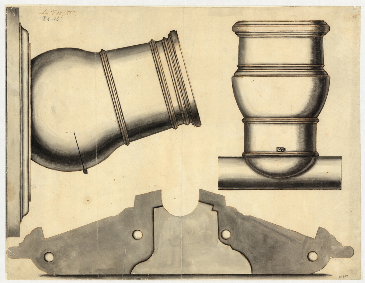 Lavering i tusch. Inom glas och ram, trä-, brunmålad. Visar mörsare i två profiler med block och lavett.

Märkning: Lit. K.Nr 37 (XXII) P5 - 10.

(Tillhör serien K 3892-3904)