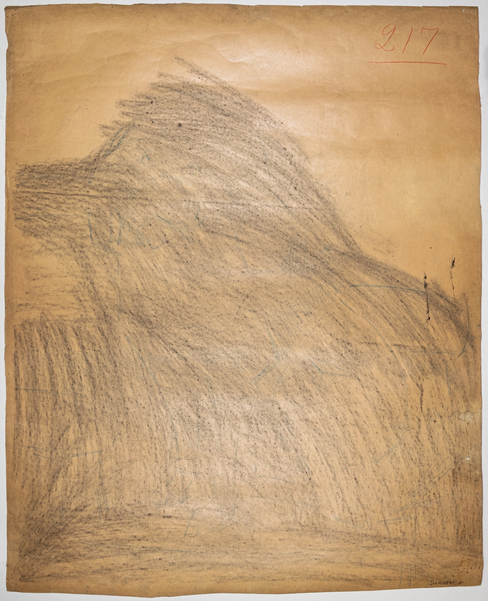 Skiss av änkedrottning Sofias pudel, sittande i en karmstol. Baksidan kalkerad med kol, förlagan till porträttet.