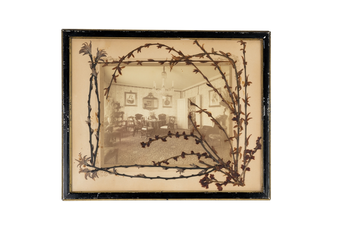Fotografi (enligt accessionskatalogen färgfotografi) inom glas och ram. Ramen är svart med smala guldkanter. Mellan fotografi och glas är slingor av pressade växter placerade. Enligt accessionskatalogen utfört av Edward Björkman. Motivet är en salongsinteriör från Rustorps gård, Jönköpings län.

Samhör: JM.16450:2-5.