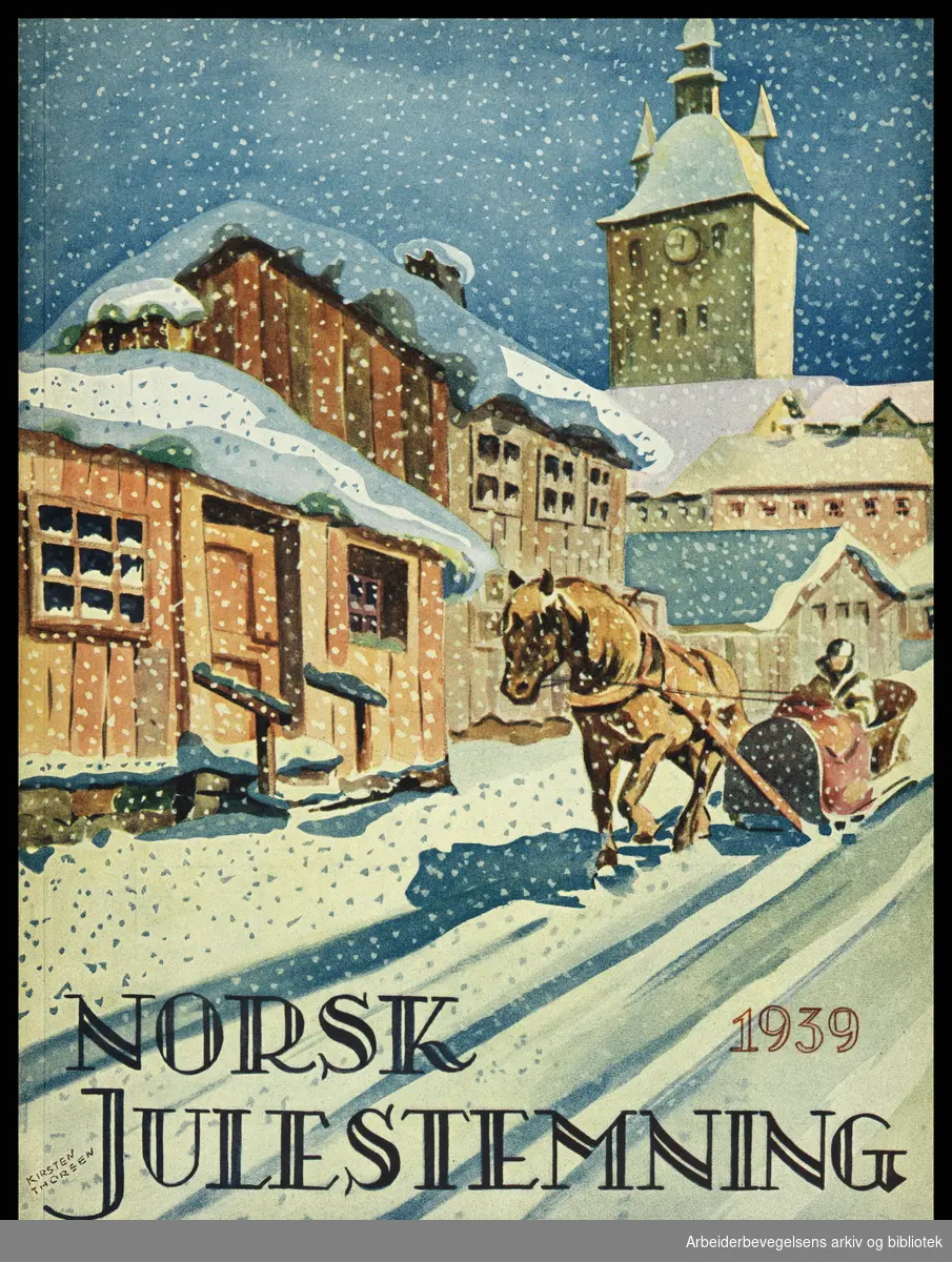 Norsk Julestemning 1939. Julehefte utgitt av Typografkoret i Oslo. Omslagsillustrasjon: Kirsten Thoresen..