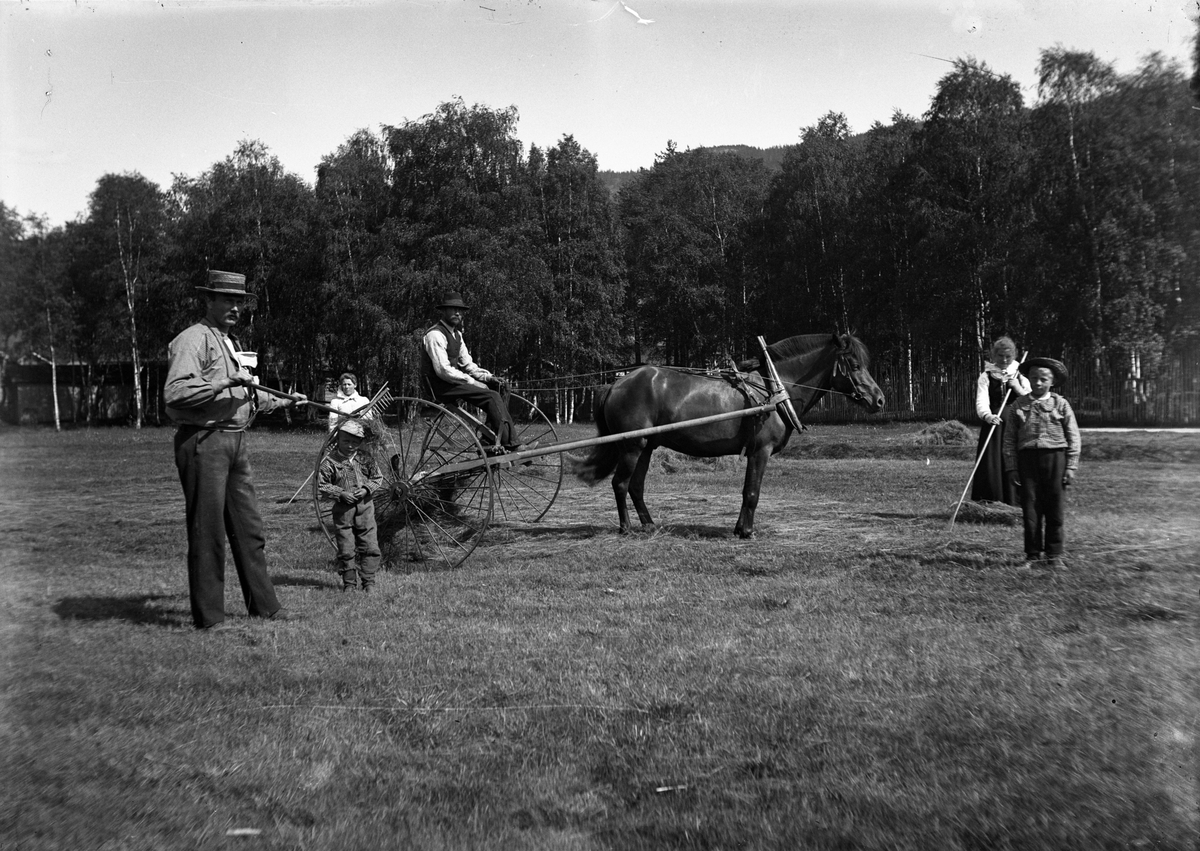 Fotosamling etter Kjetil Skomdal (1881-1971). Fotografen virket i perioden 1910 til 1960 og hadde eget mørkerom hvor han også tok imot film fra andre fotografer. I perioden var han også postbud i Fyresdal. Gruppeportrett, fra gårdsarbeid.