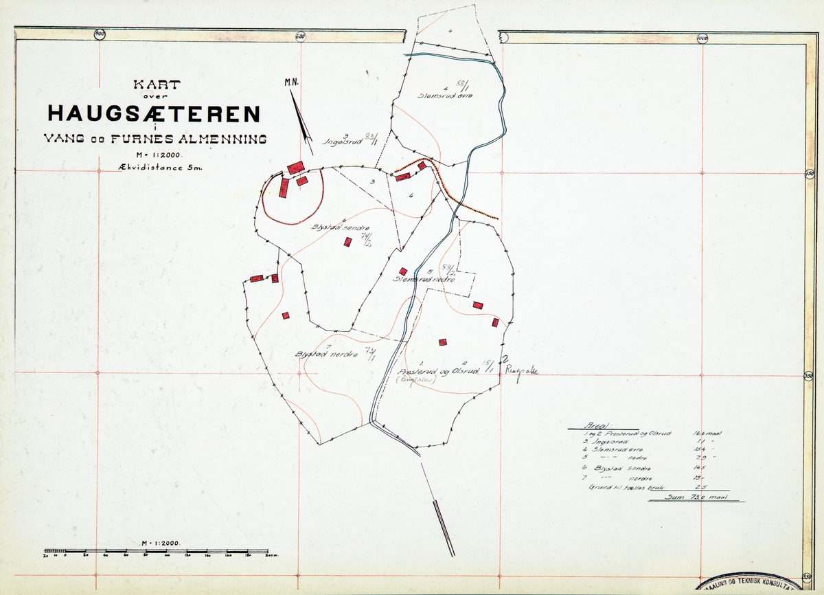Kart over Haugsæteren, Vang og Furnes Almenning. Presterud, Olsrud, Ingelsrud, Slemsrud Øvre, Slemsrud Nedre, Blystad Søndre og Blystad Nordre. 
Kart over setre og seter voller i Vang Almenning oppmålt i 1918. Kommisjonen som ble oppnevnt for å forestå delingen av Vang og Furnes Almenning, ble oppnevnt i 1914 og gjorde seg ferdig i 1919.