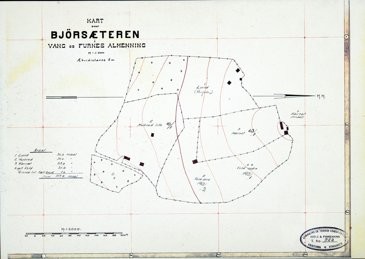 Kart over Bjørnsæteren i Vang og Furnes Almenning. Lund, Hubred, Karset, Vold Nedre og Vold Øvre.
Kart over setre og seter voller i Vang Almenning oppmålt i 1918. Kommisjonen som ble oppnevnt for å forestå delingen av Vang og Furnes Almenning, ble oppnevnt i 1914 og gjorde seg ferdig i 1919.