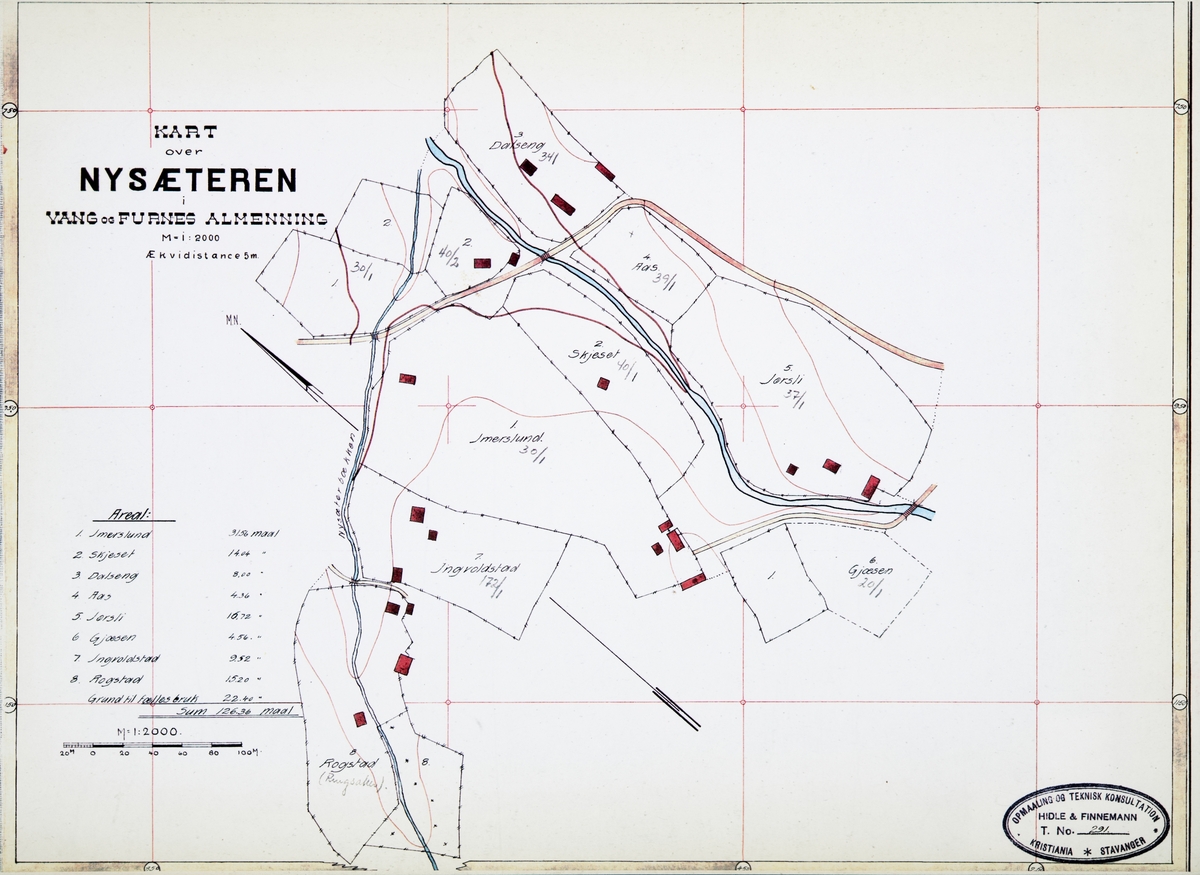 Kart over Nysæteren i Vang og Furnes Almenning. Nysetra. Imerslund, Skjeset, Dalseng, Aas, Jørsli, Gjæsen, Ingvoldstad og Rogstad. 
Kart over setre og seter voller i Vang Almenning oppmålt i 1918. Kommisjonen som ble oppnevnt for å forestå delingen av Vang og Furnes Almenning, ble oppnevnt i 1914 og gjorde seg ferdig i 1919.