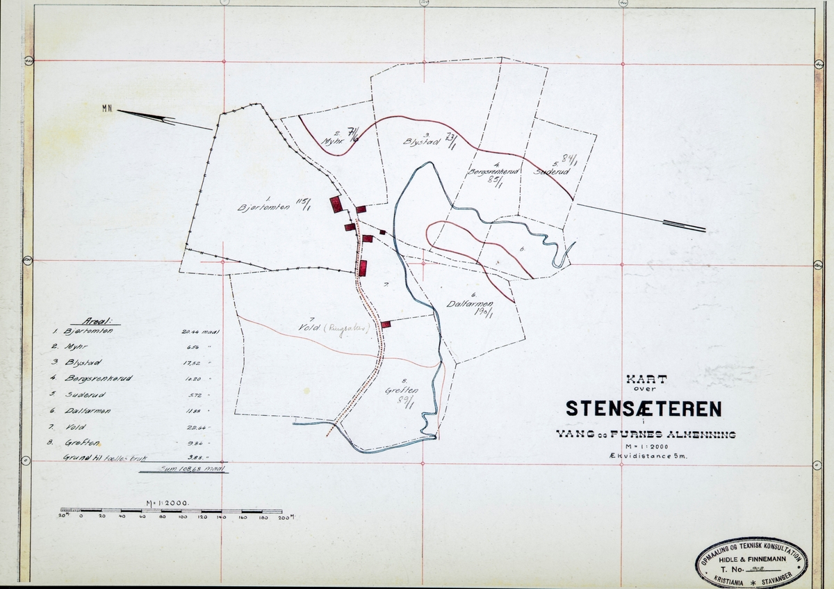 Kart over Stensæteren i Vang og Furnes Almenning. Stensetra. Bjørtomten, Myhr, Blystad, Bergsvenkerud, Suderud, Dalfarmen, Vold og Greften. 
Kart over setre og seter voller i Vang Almenning oppmålt i 1918. Kommisjonen som ble oppnevnt for å forestå delingen av Vang og Furnes Almenning, ble oppnevnt i 1914 og gjorde seg ferdig i 1919.
