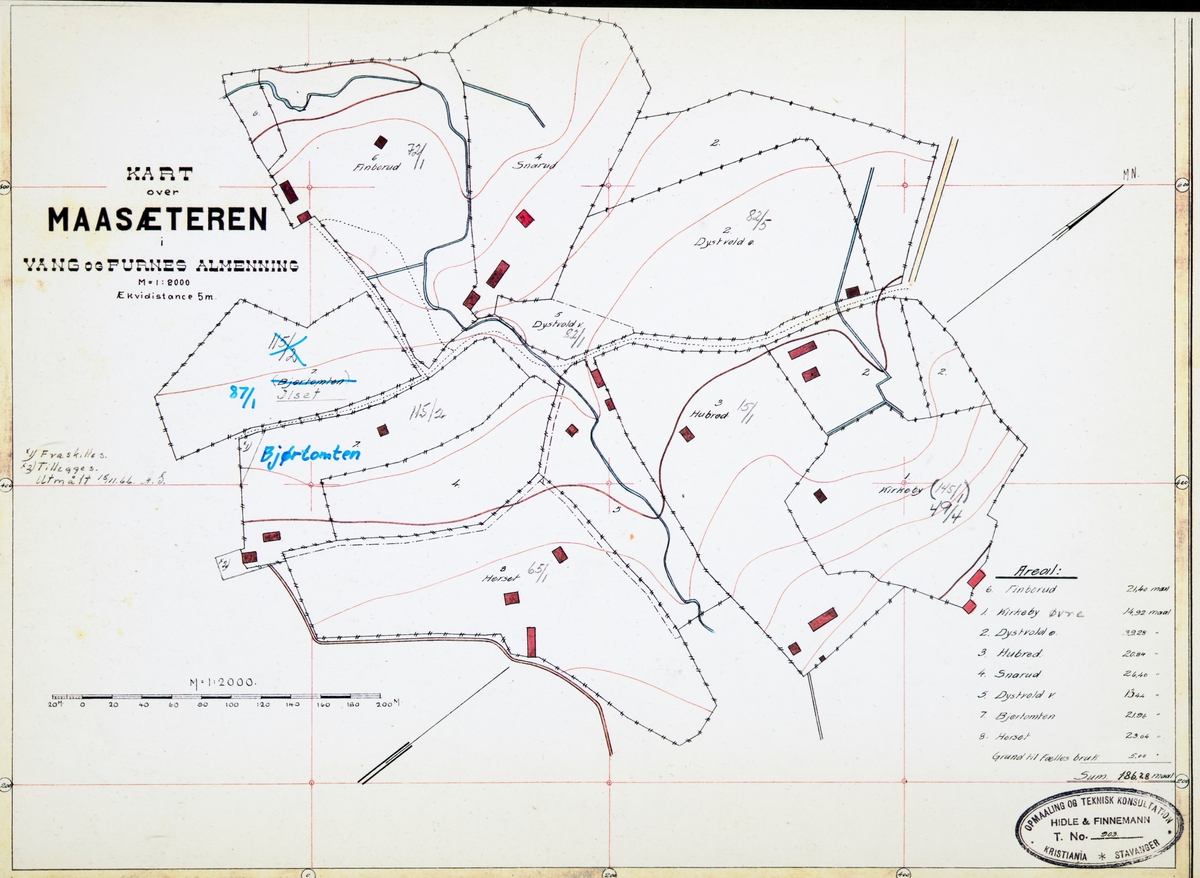 Kart over Maasæteren i Vang og Furnes Almenning. Måsetra. Finborud, Kirkeby Øvre, Dystvold Østre, Hubred, Snarud, Dystvold Vestre, Bjørtomten og Herset. 
Kart over setre og seter voller i Vang Almenning oppmålt i 1918. Kommisjonen som ble oppnevnt for å forestå delingen av Vang og Furnes Almenning, ble oppnevnt i 1914 og gjorde seg ferdig i 1919.