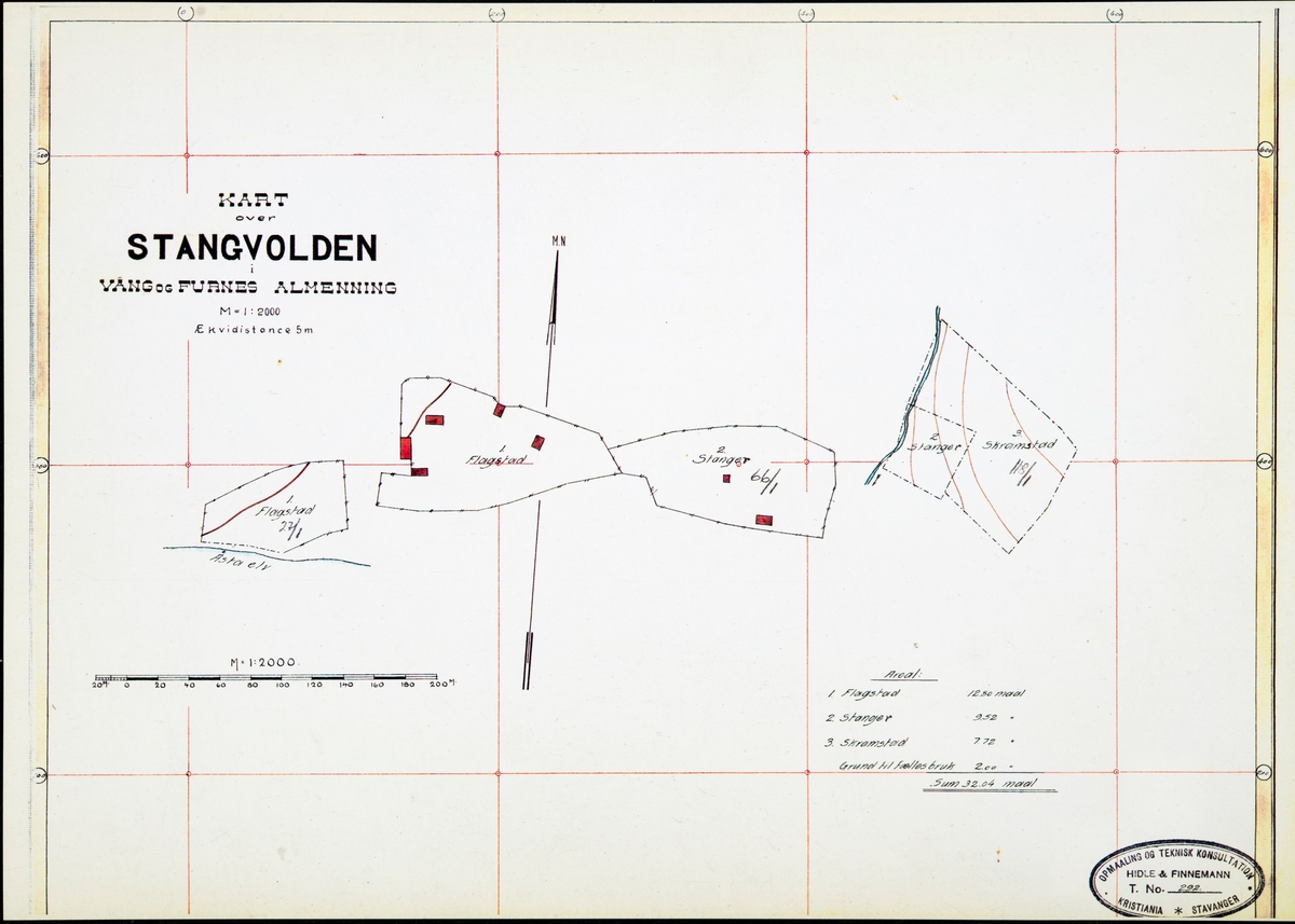 Kart over Stangvolden i Vang og furnes Almenning. Flagstad, Stanger og Skramstad. 
Kart over setre og seter voller i Vang Almenning oppmålt i 1918. Kommisjonen som ble oppnevnt for å forestå delingen av Vang og Furnes Almenning, ble oppnevnt i 1914 og gjorde seg ferdig i 1919.