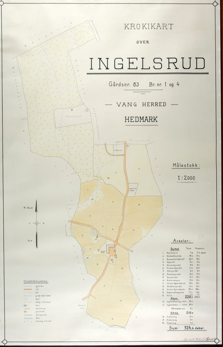 Gårdskart over Ingelsrud gård, Vang. Krokikart. Gårdsnr. 83 Br.Nr. 1 og 4.