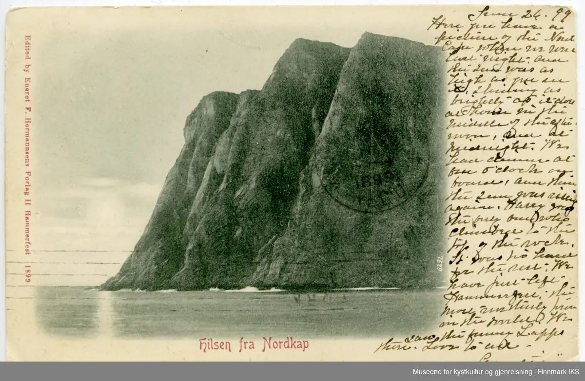 Postkort. Nordkapp-klippen sett fra sjøen. Kortet er stemplet "27 VI 99". På motivsiden er det også en stempel, men kun "1899" er leselig. Kortet ble sendt til New York.