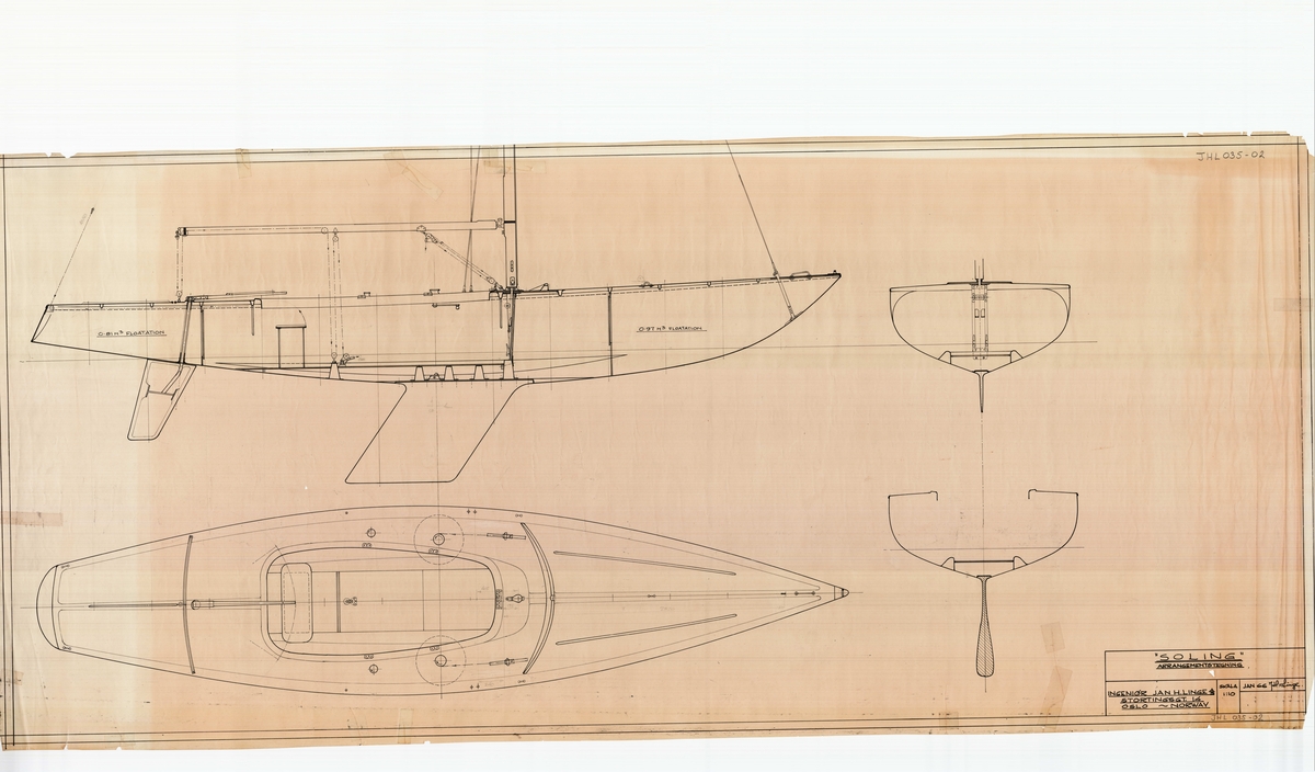 Soling. Regatta. Arrangementstegning. Storseil:15,6 m2, Fokk: 8,1m2, Spinnaker: 45/35m2 (max/min). 1:10