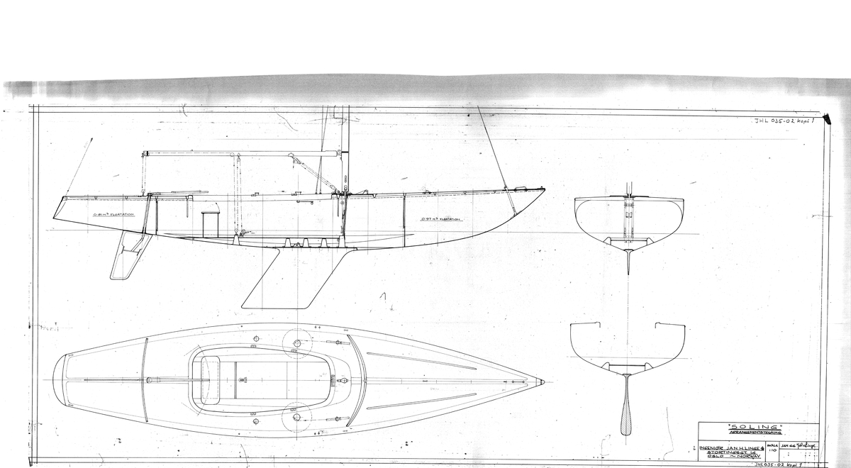 Soling. Regatta. Arrangementstegning. Storseil:15,6 m2, Fokk: 8,1m2, Spinnaker: 45/35m2 (max/min). 1:10