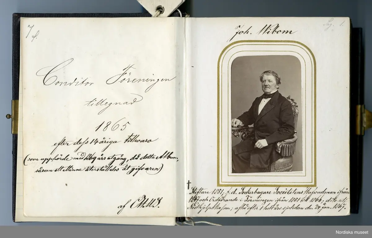 Huvudliggaren:
"a-b.
Album med fotografiporträtt av medlemmar av Conditor Föreningen i Stockholm. Med svartbruna läderpärmar i svart pappfodral. Gåva 10/3 1908 av fru Fanny Thulin, f. Hellbacher, Piteå."