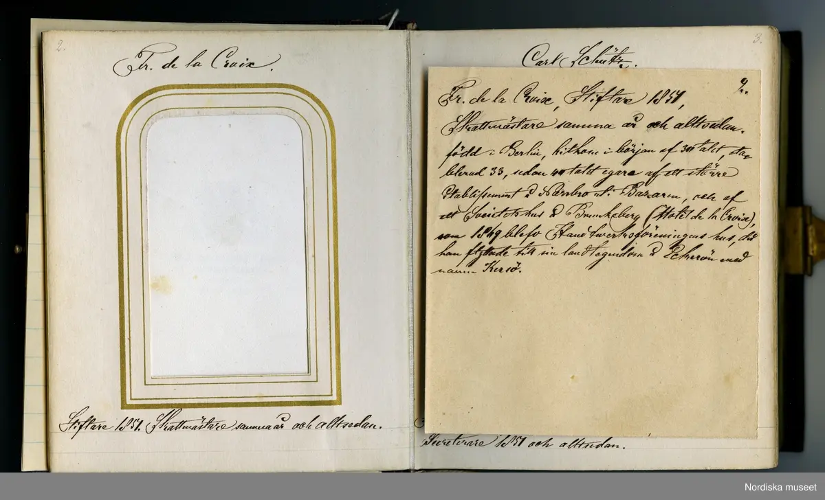 Huvudliggaren:
"a-b.
Album med fotografiporträtt av medlemmar av Conditor Föreningen i Stockholm. Med svartbruna läderpärmar i svart pappfodral. Gåva 10/3 1908 av fru Fanny Thulin, f. Hellbacher, Piteå."