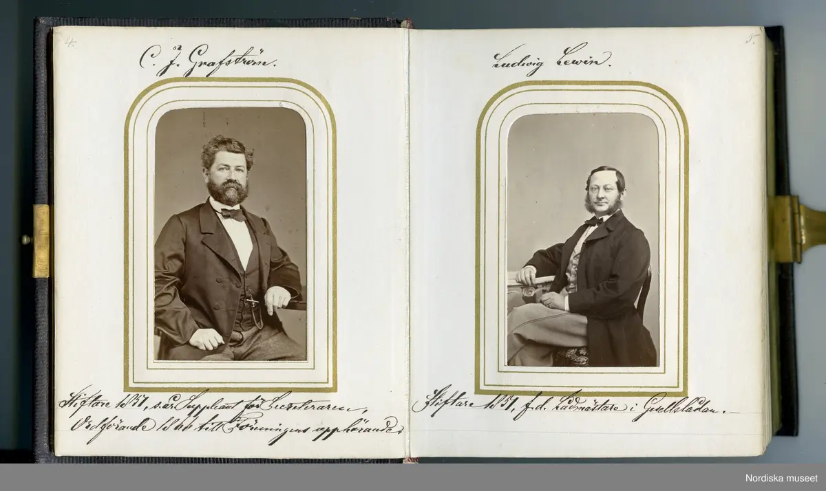 Huvudliggaren:
"a-b.
Album med fotografiporträtt av medlemmar av Conditor Föreningen i Stockholm. Med svartbruna läderpärmar i svart pappfodral. Gåva 10/3 1908 av fru Fanny Thulin, f. Hellbacher, Piteå."