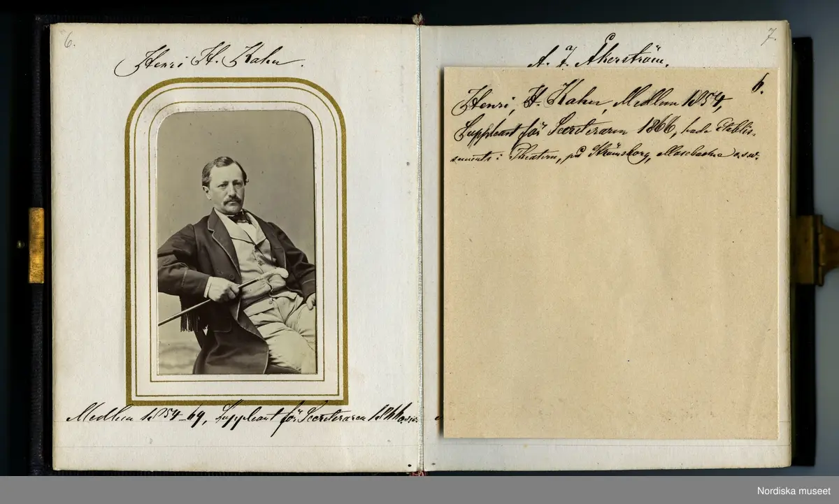Huvudliggaren:
"a-b.
Album med fotografiporträtt av medlemmar av Conditor Föreningen i Stockholm. Med svartbruna läderpärmar i svart pappfodral. Gåva 10/3 1908 av fru Fanny Thulin, f. Hellbacher, Piteå."