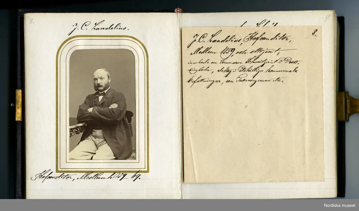 Huvudliggaren:
"a-b.
Album med fotografiporträtt av medlemmar av Conditor Föreningen i Stockholm. Med svartbruna läderpärmar i svart pappfodral. Gåva 10/3 1908 av fru Fanny Thulin, f. Hellbacher, Piteå."