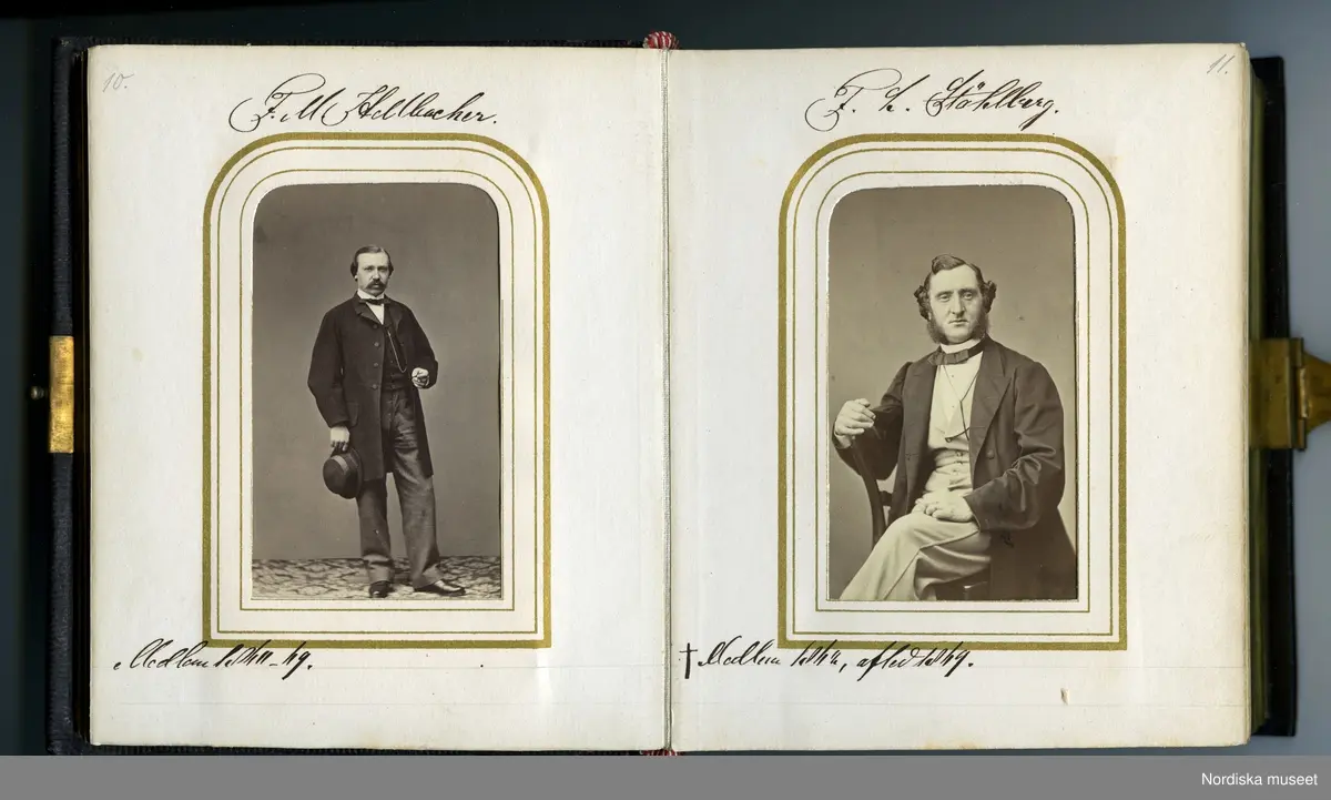 Huvudliggaren:
"a-b.
Album med fotografiporträtt av medlemmar av Conditor Föreningen i Stockholm. Med svartbruna läderpärmar i svart pappfodral. Gåva 10/3 1908 av fru Fanny Thulin, f. Hellbacher, Piteå."