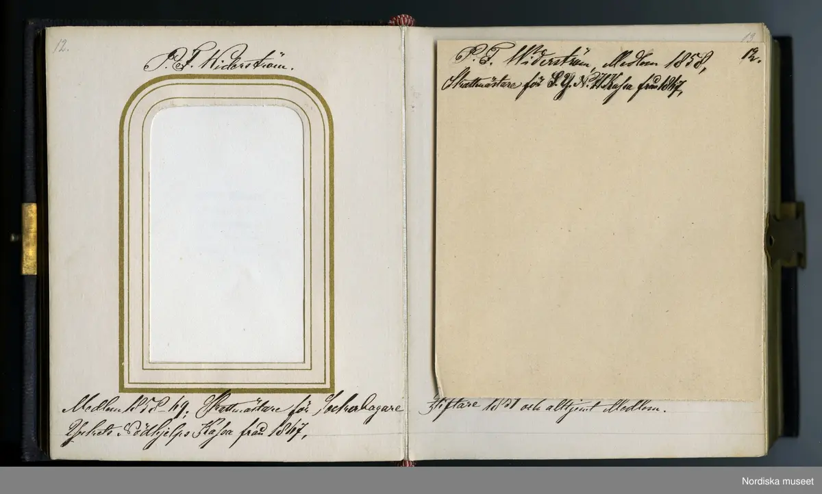 Huvudliggaren:
"a-b.
Album med fotografiporträtt av medlemmar av Conditor Föreningen i Stockholm. Med svartbruna läderpärmar i svart pappfodral. Gåva 10/3 1908 av fru Fanny Thulin, f. Hellbacher, Piteå."