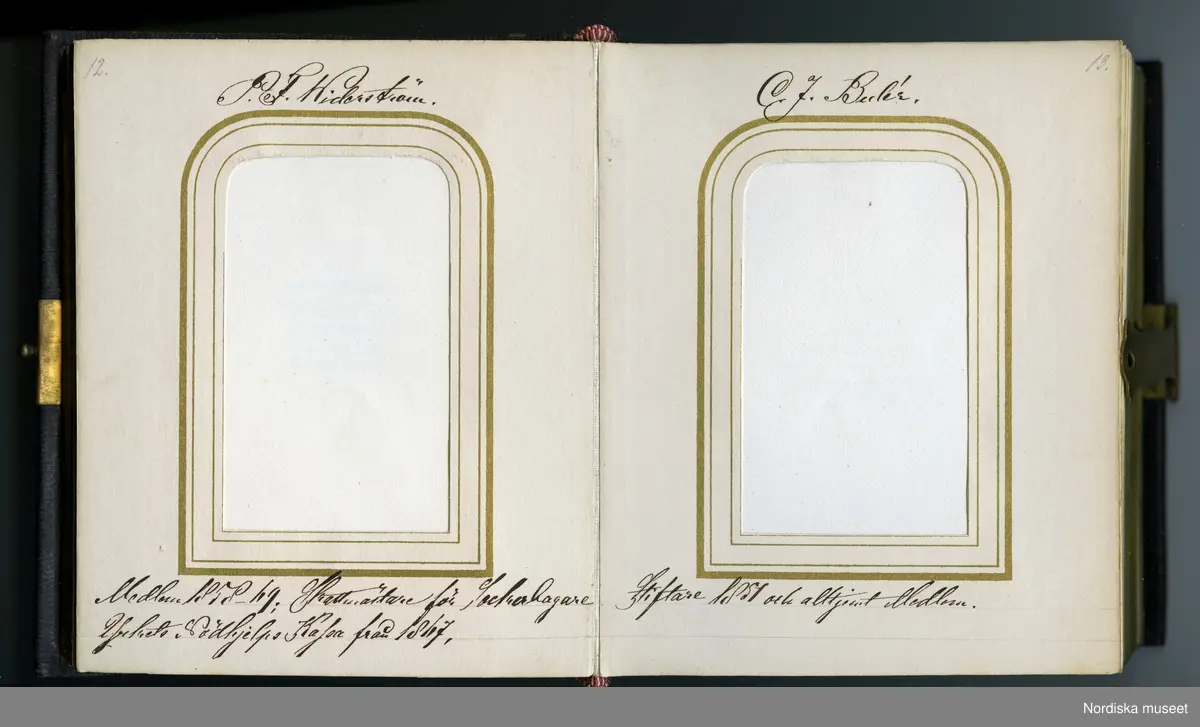 Huvudliggaren:
"a-b.
Album med fotografiporträtt av medlemmar av Conditor Föreningen i Stockholm. Med svartbruna läderpärmar i svart pappfodral. Gåva 10/3 1908 av fru Fanny Thulin, f. Hellbacher, Piteå."