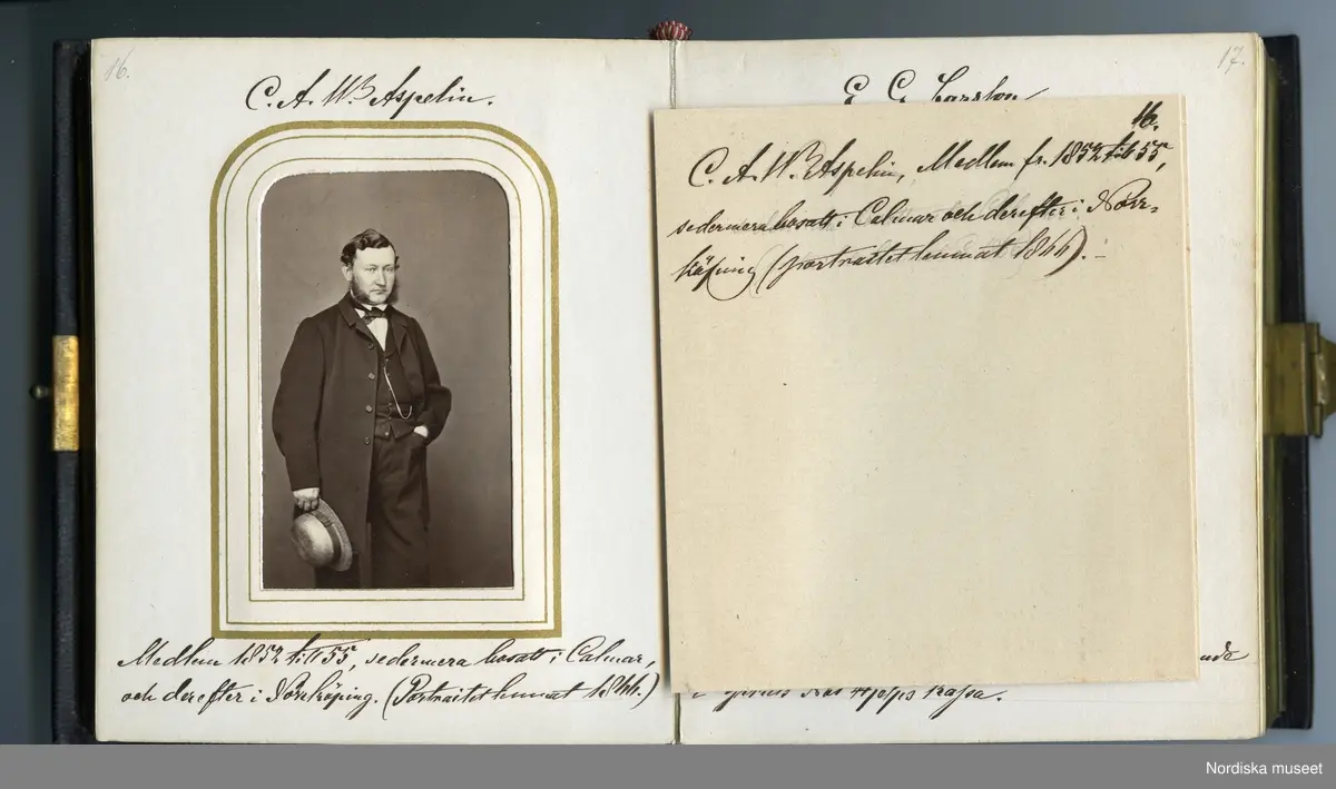 Huvudliggaren:
"a-b.
Album med fotografiporträtt av medlemmar av Conditor Föreningen i Stockholm. Med svartbruna läderpärmar i svart pappfodral. Gåva 10/3 1908 av fru Fanny Thulin, f. Hellbacher, Piteå."
