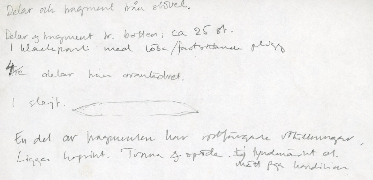 Ett 70-tal delar och fragment av stövel. Bland delarna går att urskilja en del av en klack med kvarsittande skopligg, fyra delar av ovanläder samt en stropp med avmalnande ändar. Flertalet fragment har rostfärgade utfällningar.
Lädret är tunt och sprött samt ligger hopvikt.
