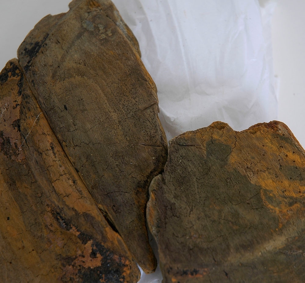 En träskål i delar.

Av delarna att döma har skålen varit plant samt försett med en svarvad fotring. På insidan av skålen, strax nedanför mynningskanten, har det löpt en dekorativ, svarvad linje. Mindre bitar av skålen saknas.

Delarna är mycket spruckna och mycket sköra.